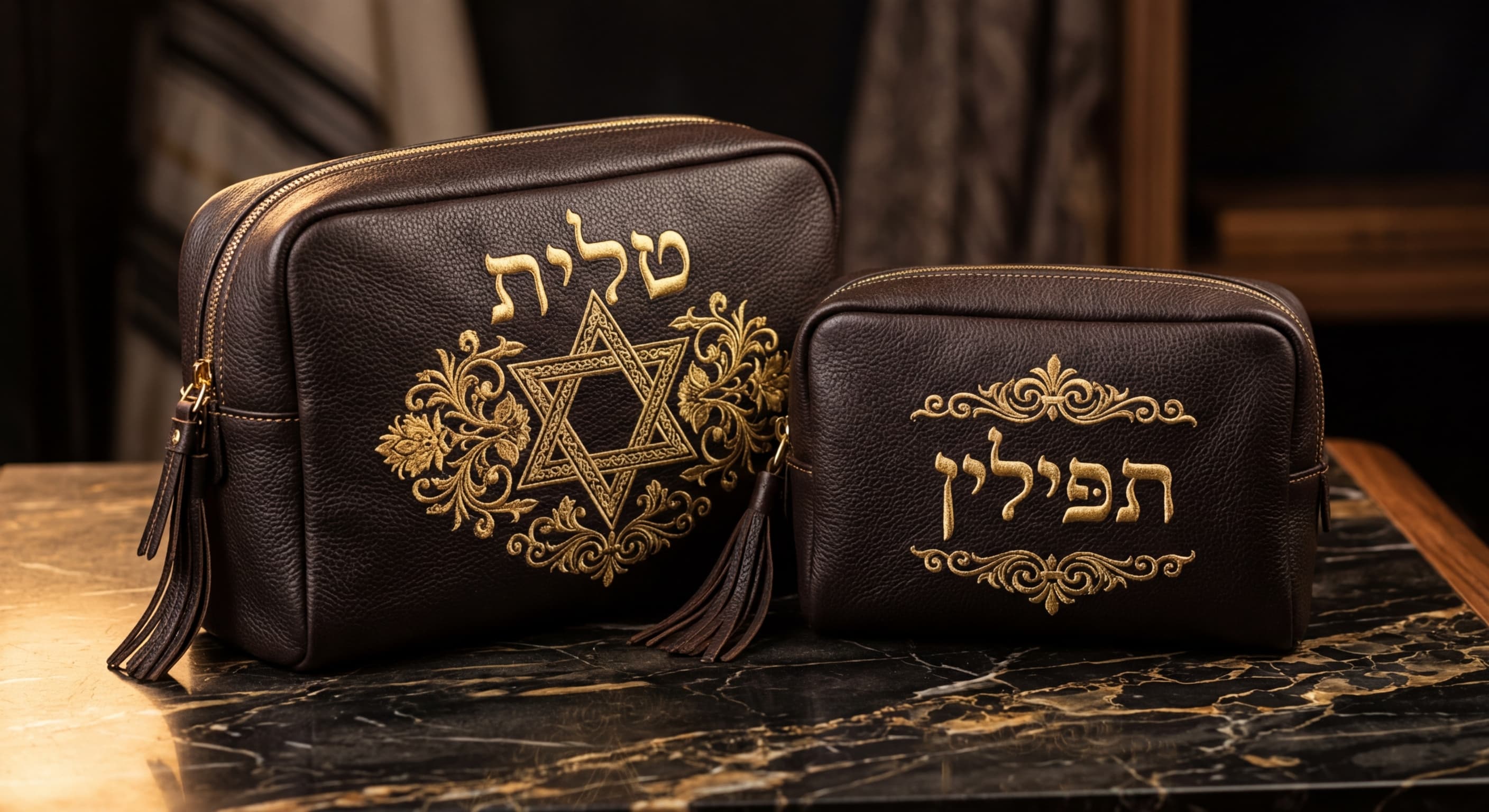 Tallit and Tefillin bags with golden Hebrew embroidery